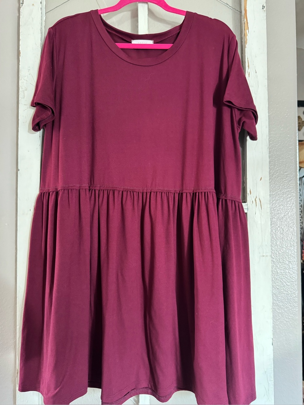 Short Sleeve Babydoll Dress in a super pretty wine/burgundy color.
